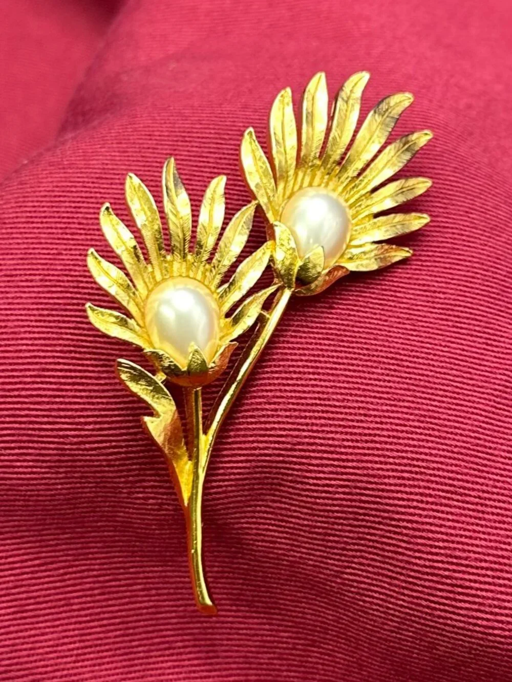 VTG Trifari Gold-Plated Faux Pearl Floral Brooch